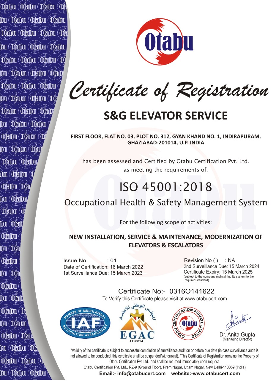 ISO 45001:2018 Certificate — S&G Elevator Service