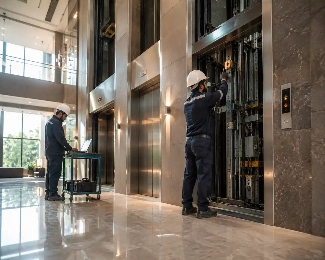 S&G Elevator Service engineer repairing a lift